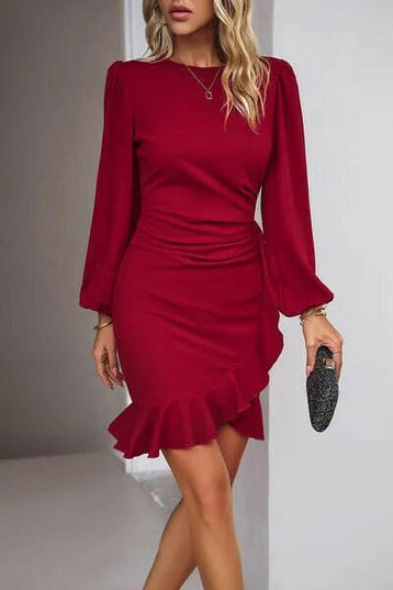 Devine Ruched Ruffled Balloon Sleeve Mini Dress.