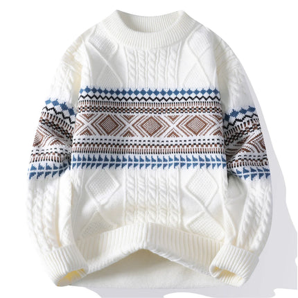 White sweater with blue and brown pattern on a white background