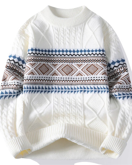White sweater with blue and brown pattern on a white background