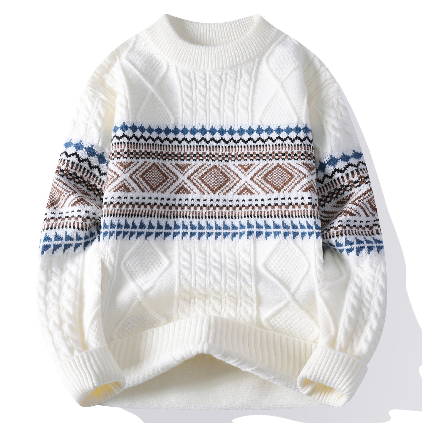 White sweater with blue and brown pattern on a white background