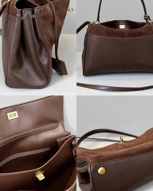 Brown leather handbag with gold accents on a light gray background