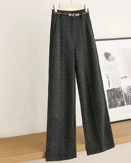 Dark gray wide-leg pants on a hanger against a neutral wall.