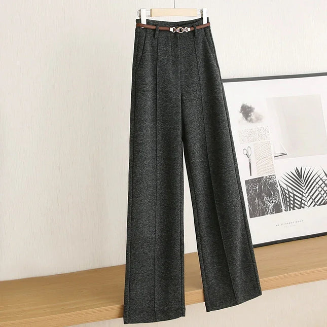 Dark gray wide-leg pants on a hanger against a neutral wall.