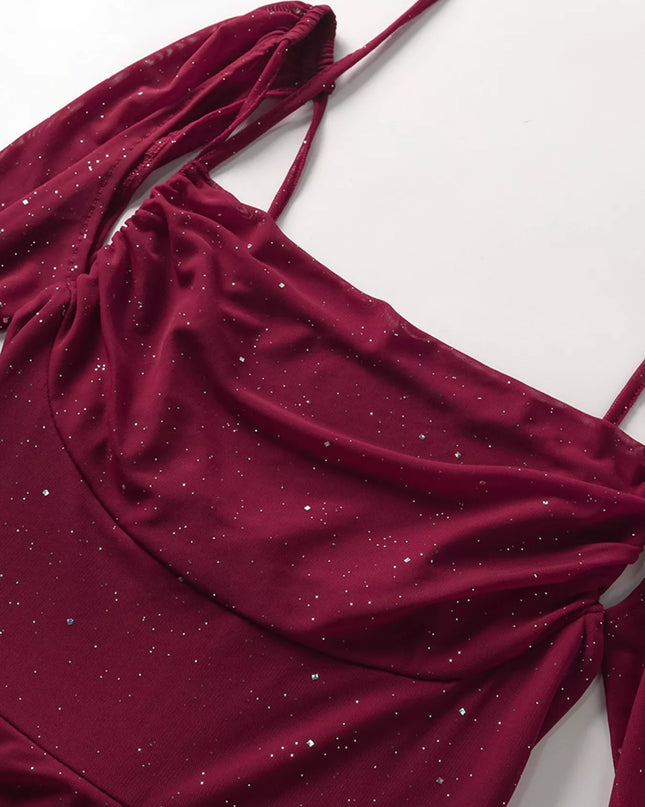 Close-up of a burgundy dress with glittery embellishments on a white background