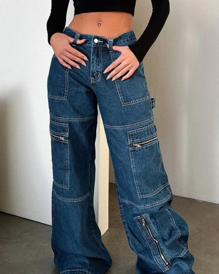 Person wearing blue cargo pants against a plain background