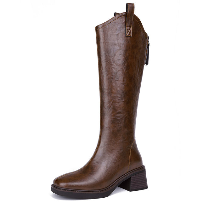 Brown leather knee-high boot on a white background