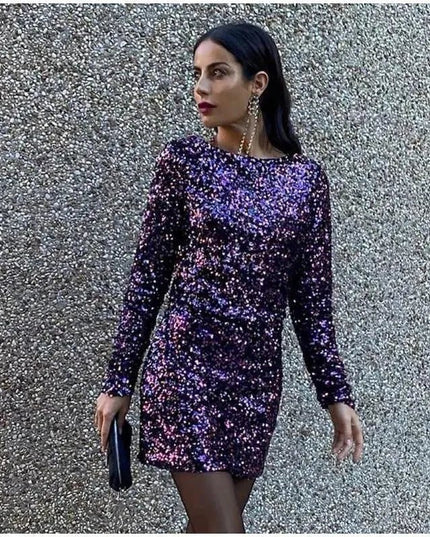 Elegant French Retro Sequin Backless Dress.