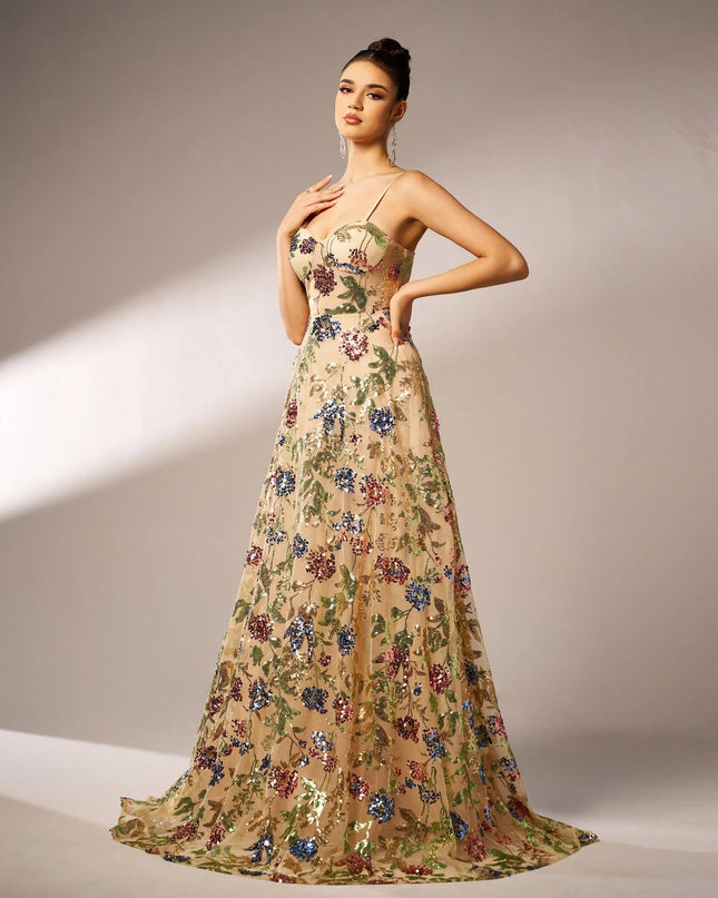 Elegant Sleeveless Sequined Suspender Evening Dress.