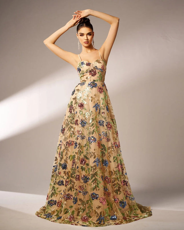 Elegant Sleeveless Sequined Suspender Evening Dress.