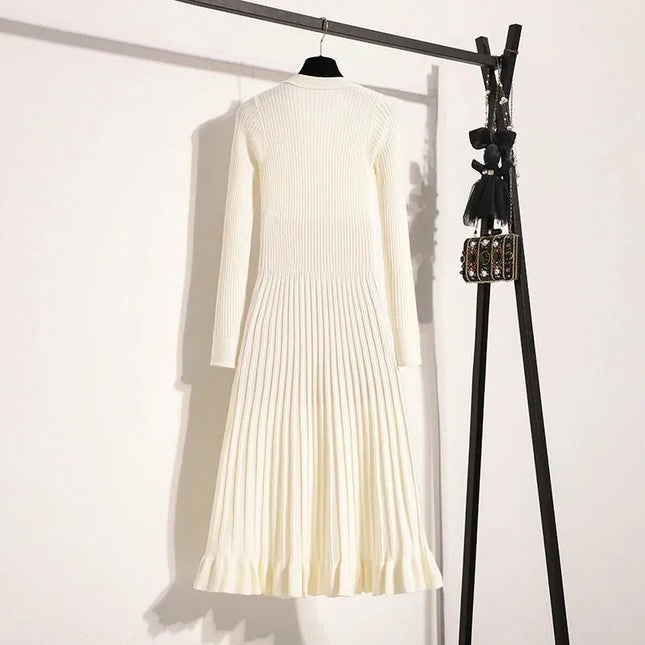 Elegant Solid Knitted Sweater Long Dresses.