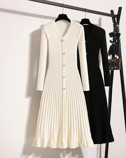 Elegant Solid Knitted Sweater Long Dresses.