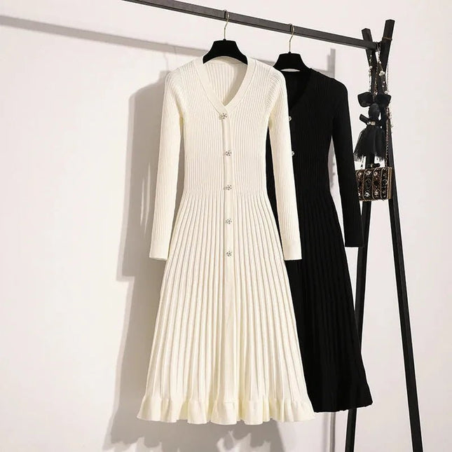 Elegant Solid Knitted Sweater Long Dresses.