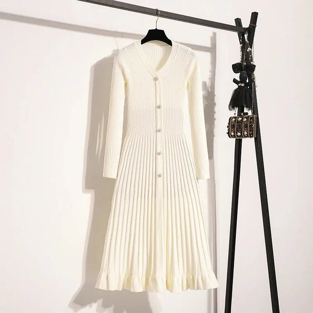 Elegant Solid Knitted Sweater Long Dresses.
