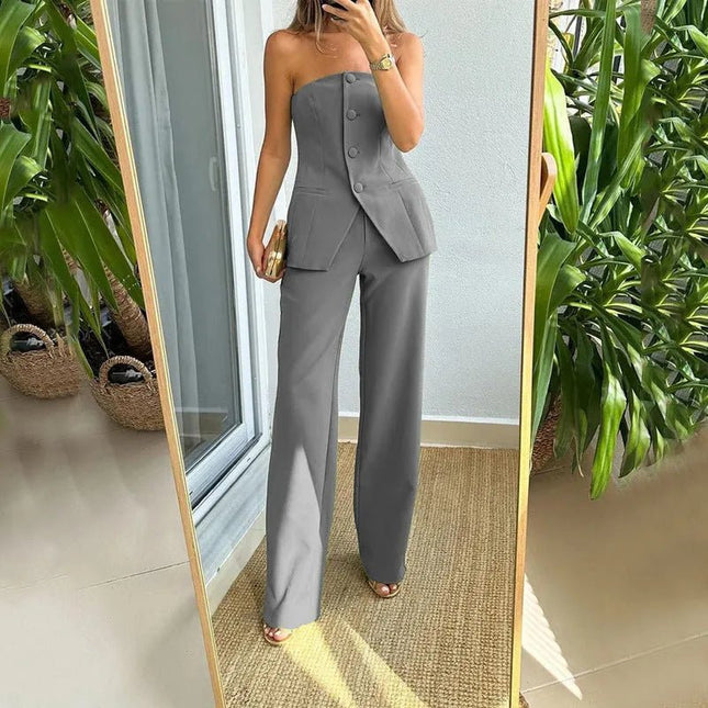 Elegant Tube Top & Straight Pants Set.