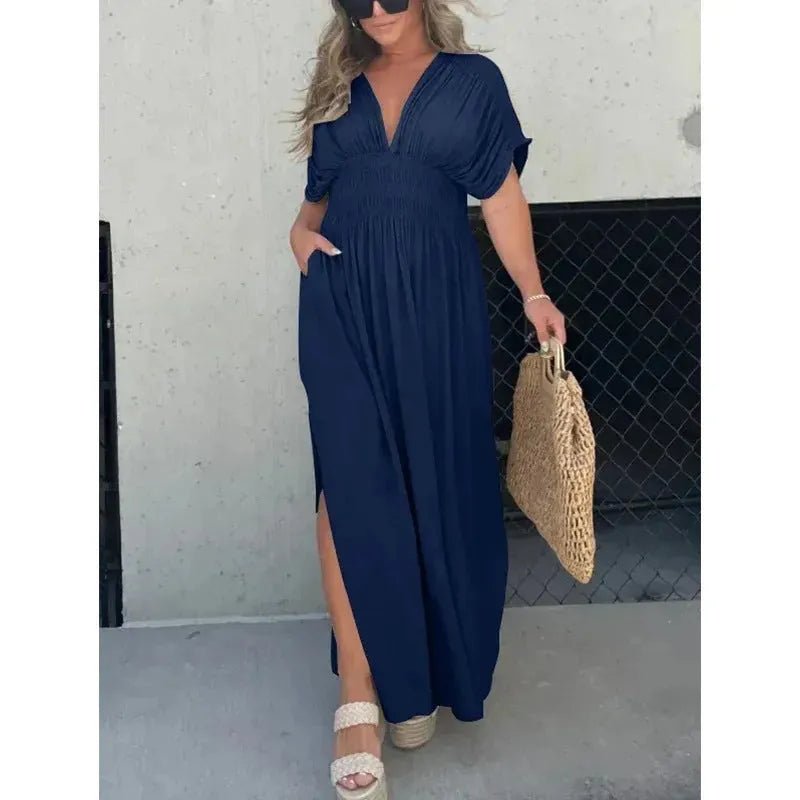 Elegant V-Neck Bat Sleeve Maxi Dress.
