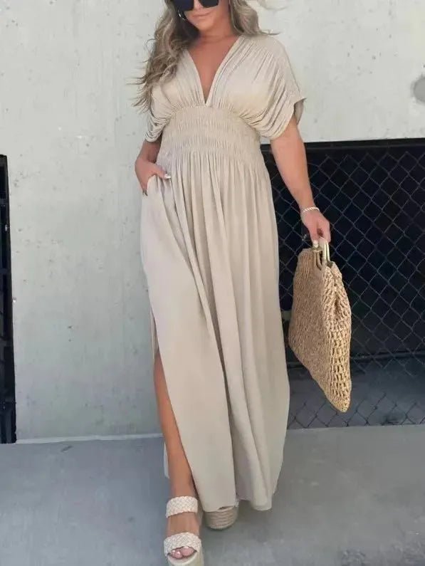 Elegant V-Neck Bat Sleeve Maxi Dress.