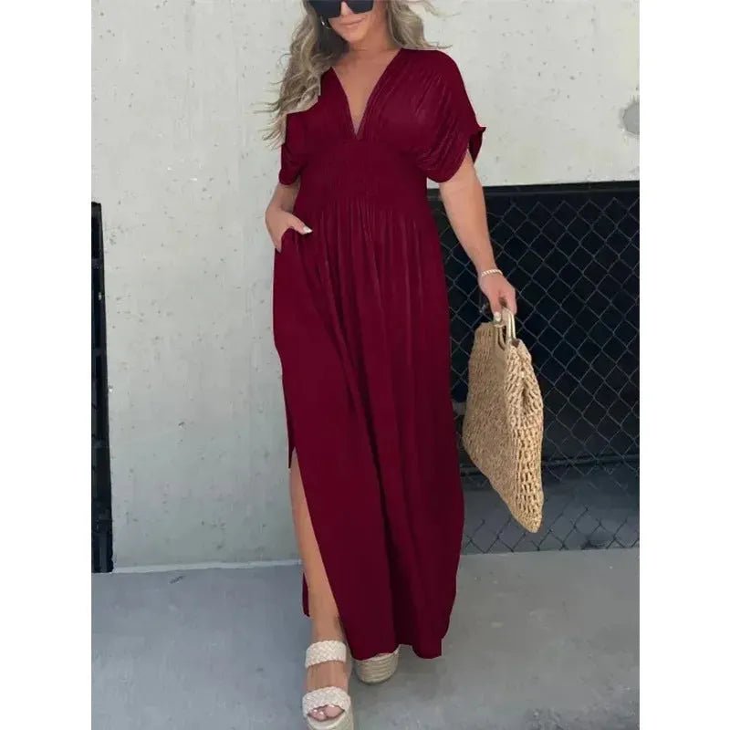 Elegant V-Neck Bat Sleeve Maxi Dress.