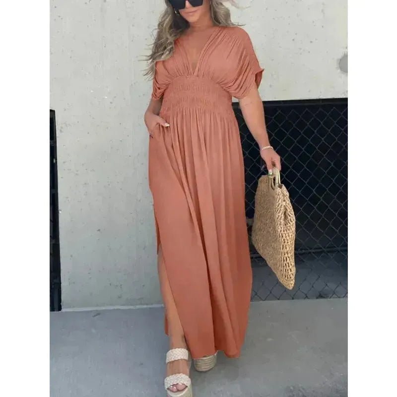 Elegant V-Neck Bat Sleeve Maxi Dress.