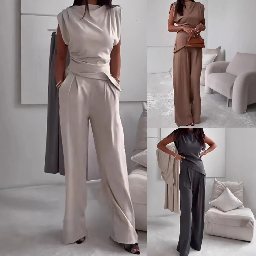 Elegant Women's Suit Set – Sleeveless Top & Straight Pants.