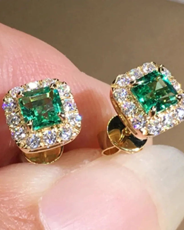 Eternity Green CZ Stud Earrings for Women Gold Color.