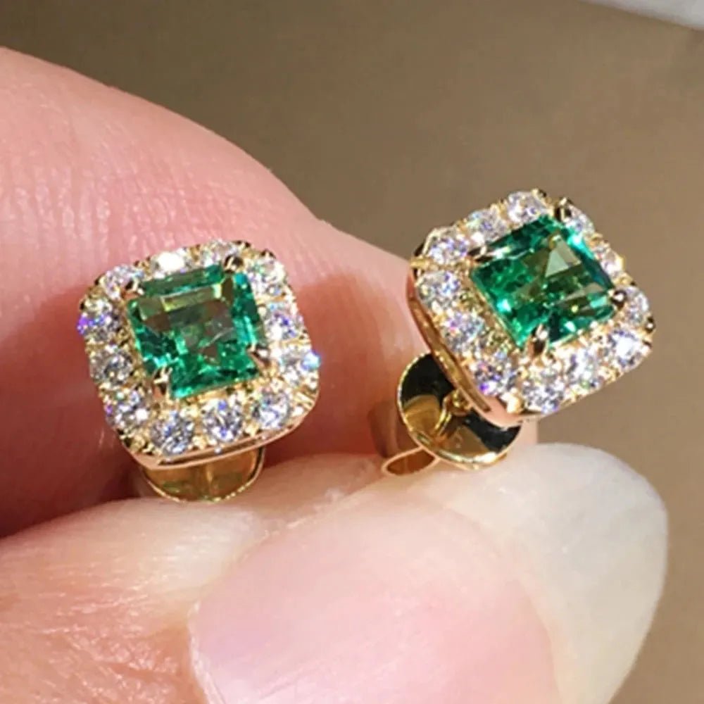 Eternity Green CZ Stud Earrings for Women Gold Color.