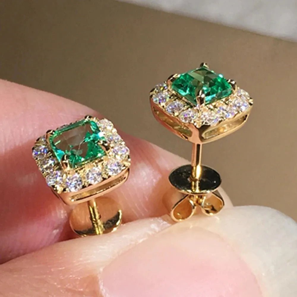 Eternity Green CZ Stud Earrings for Women Gold Color.