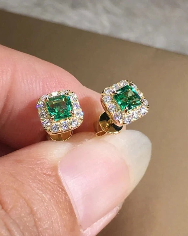 Eternity Green CZ Stud Earrings for Women Gold Color.