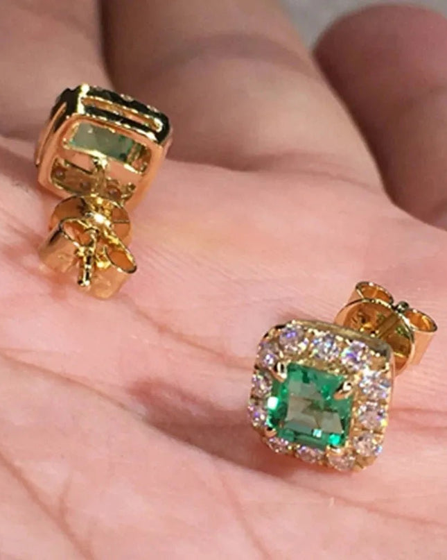 Eternity Green CZ Stud Earrings for Women Gold Color.