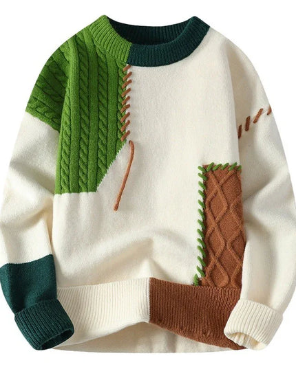 Colorful sweater with green, brown, and white pattern on a white background