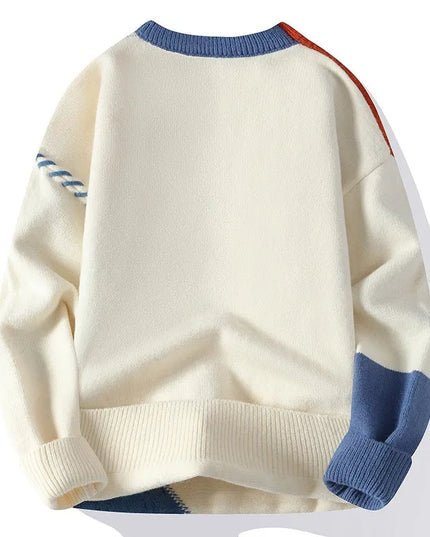 White sweater with blue and red accents on a white background