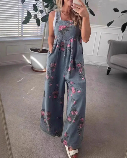 Floral Denim Strap Jumpsuit.