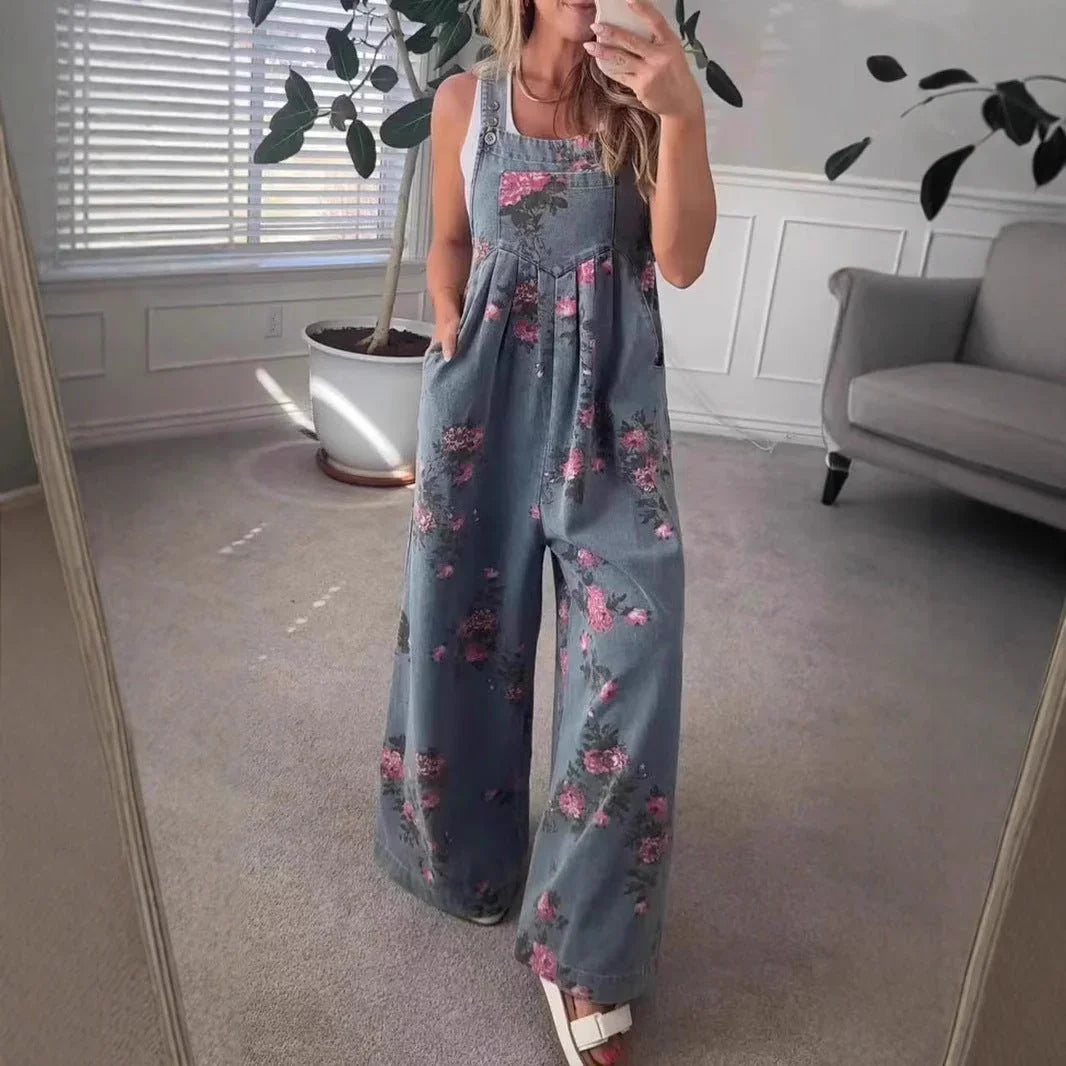 Floral Denim Strap Jumpsuit.