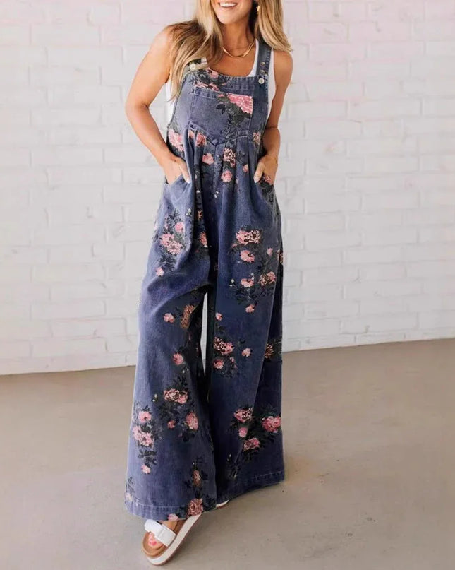 Floral Denim Strap Jumpsuit.