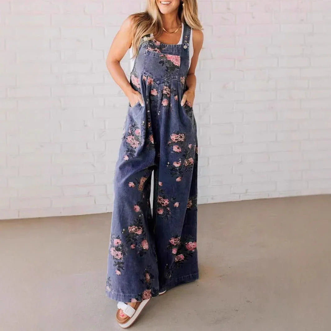 Floral Denim Strap Jumpsuit.