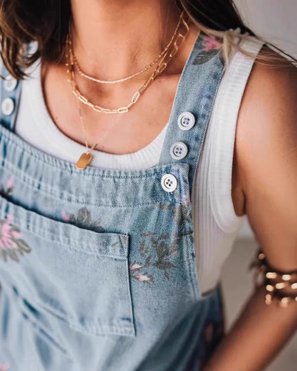 Floral Denim Strap Jumpsuit.