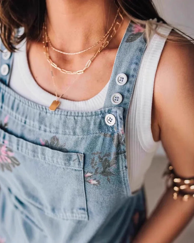 Floral Denim Strap Jumpsuit.