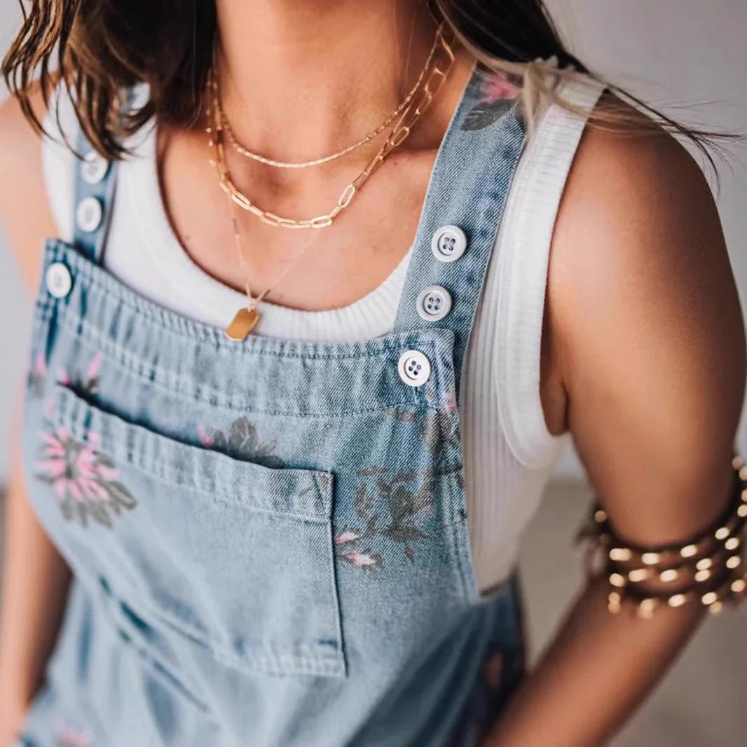 Floral Denim Strap Jumpsuit.