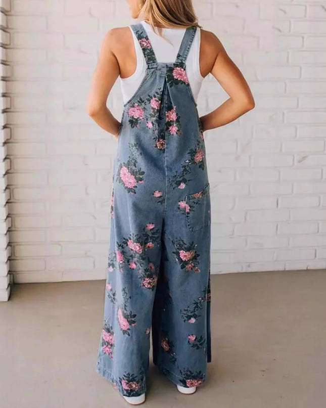 Floral Denim Strap Jumpsuit.