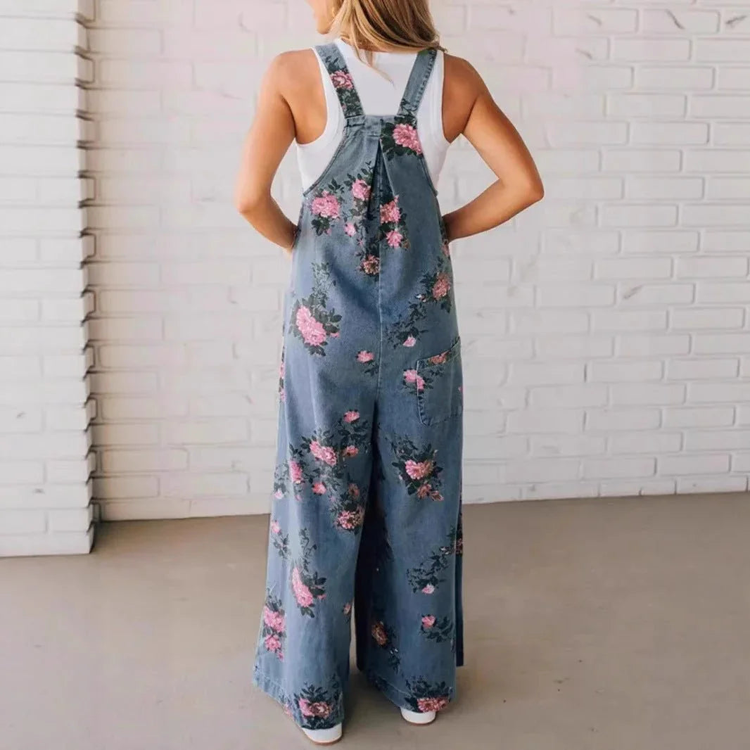 Floral Denim Strap Jumpsuit.