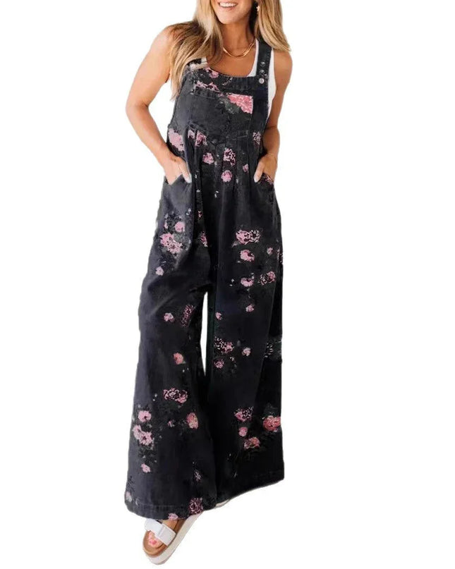 Floral Denim Strap Jumpsuit.