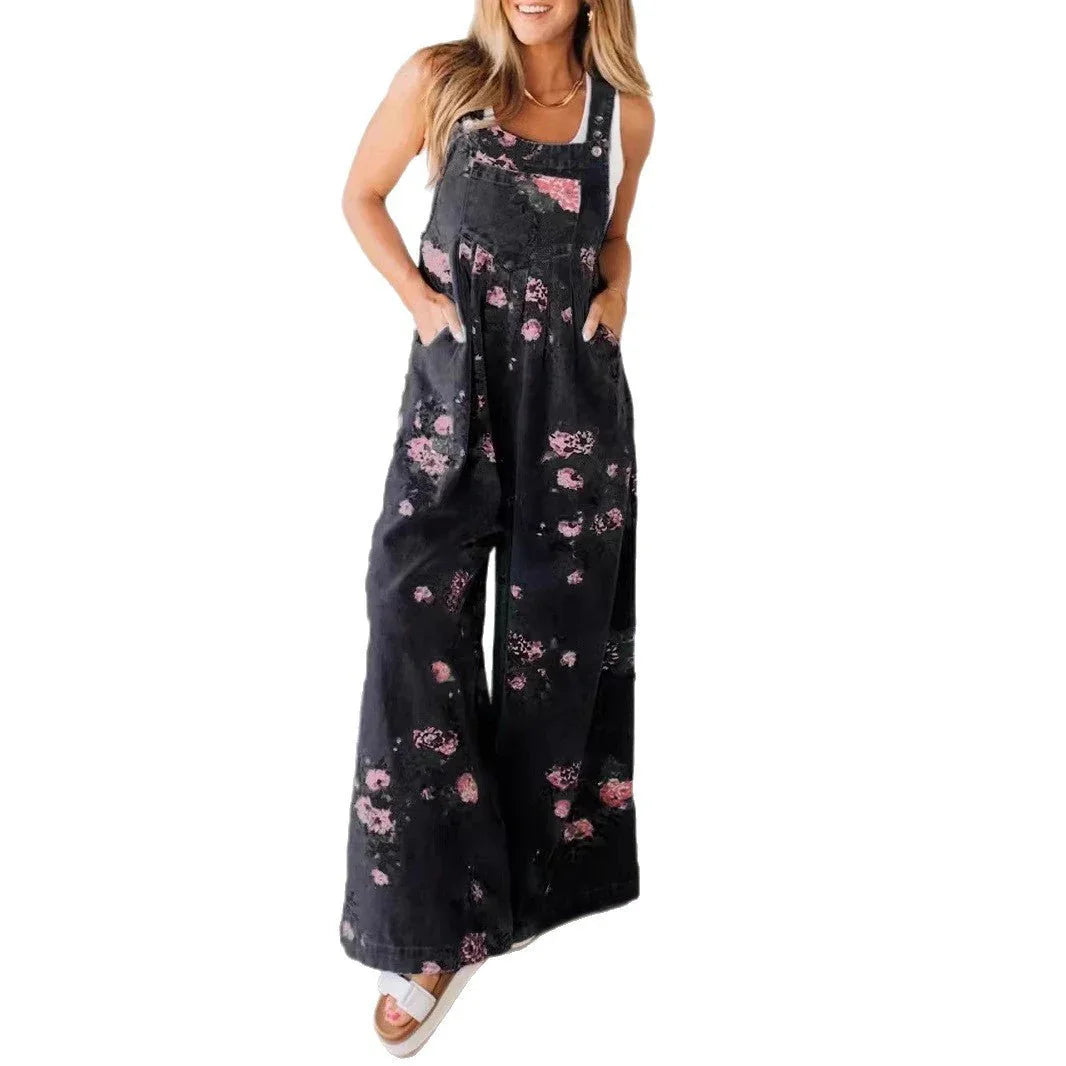 Floral Denim Strap Jumpsuit.