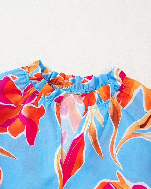 Floral Flutter Sleeve Blouse with Pompom Trim.