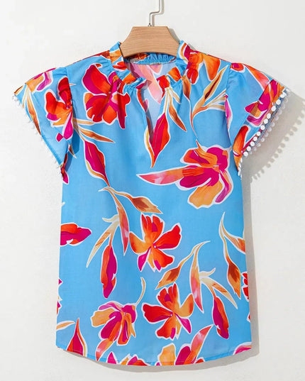 Floral Flutter Sleeve Blouse with Pompom Trim.