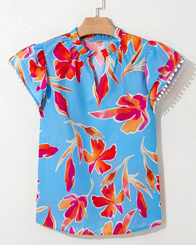 Floral Flutter Sleeve Blouse with Pompom Trim.