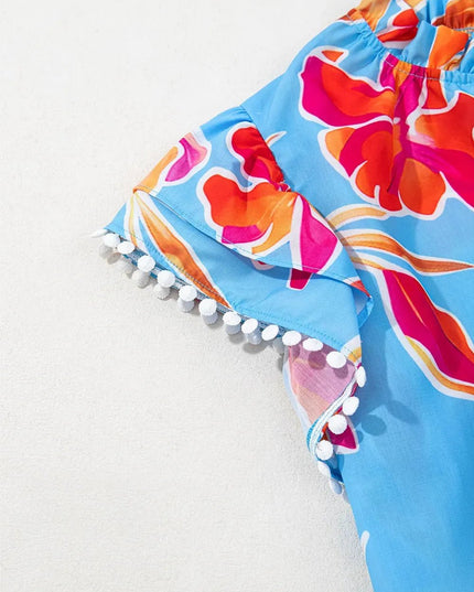 Floral Flutter Sleeve Blouse with Pompom Trim.