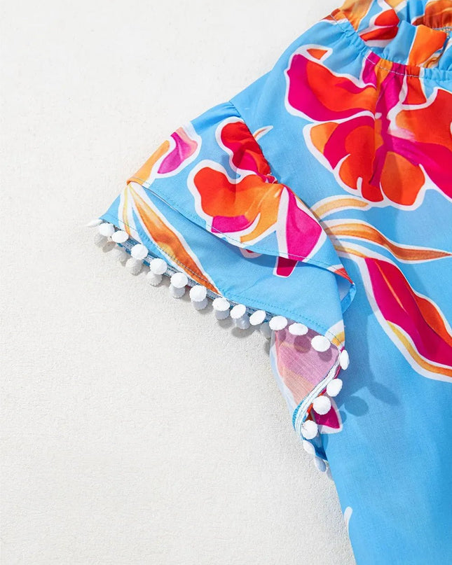 Floral Flutter Sleeve Blouse with Pompom Trim.