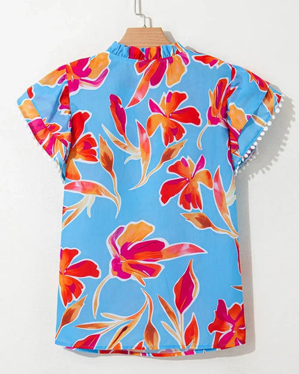 Floral Flutter Sleeve Blouse with Pompom Trim.