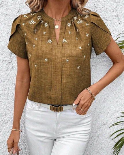 Floral Notched Short Sleeve Blouse - Everclothed™