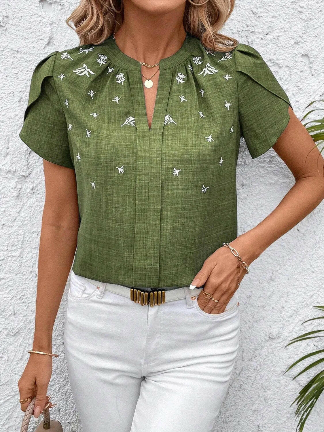 Floral Notched Short Sleeve Blouse.