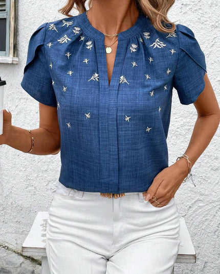 Floral Notched Short Sleeve Blouse.